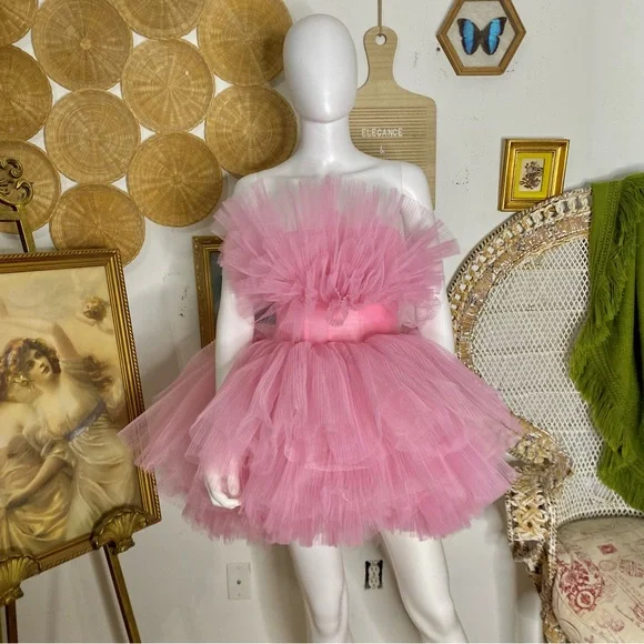 Mac Duggal Pink Strapless Ruffled Tulle Mini Ballgown 20750